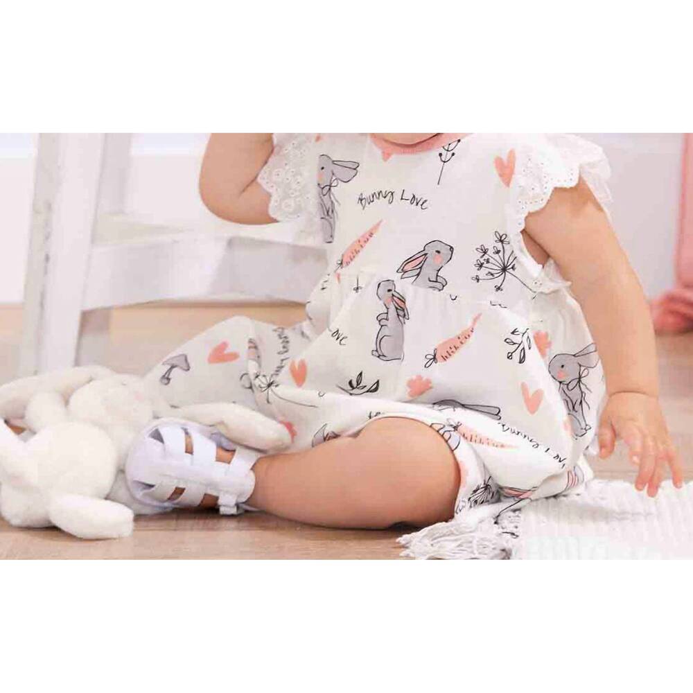 NEW TESA BABE "happy bunnies" dress for baby girls in white/coral/grey